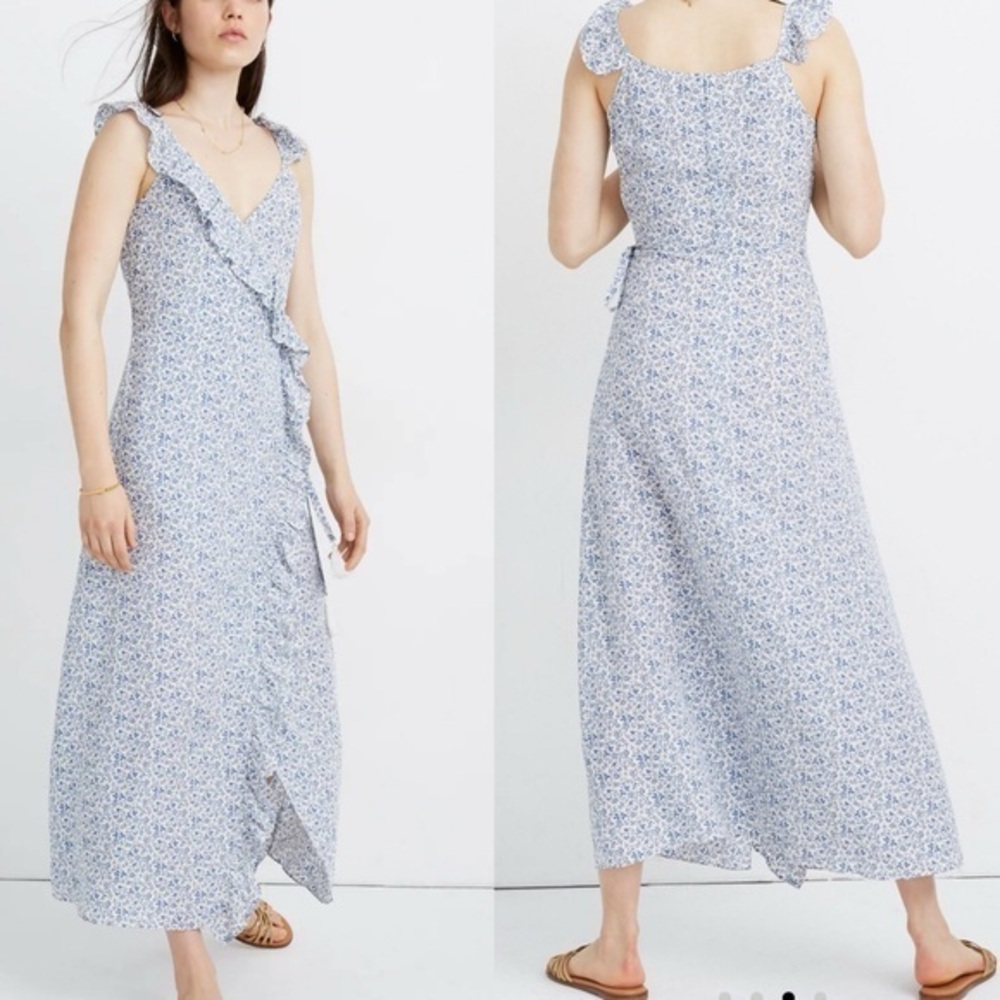 Madewell Blue Floral Ruffle Wrap MIDI Dress Size 12